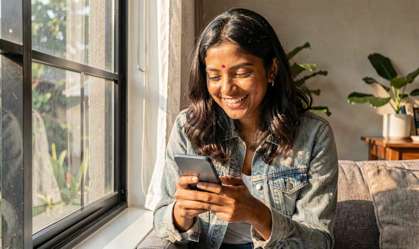 JYJILL App – Experience mobile casino entertainment made for Bangladesh Young Bangladeshi woman enjoying the JYJILL casino app on her smartphone with a relaxed smile while sitting by a sunny window