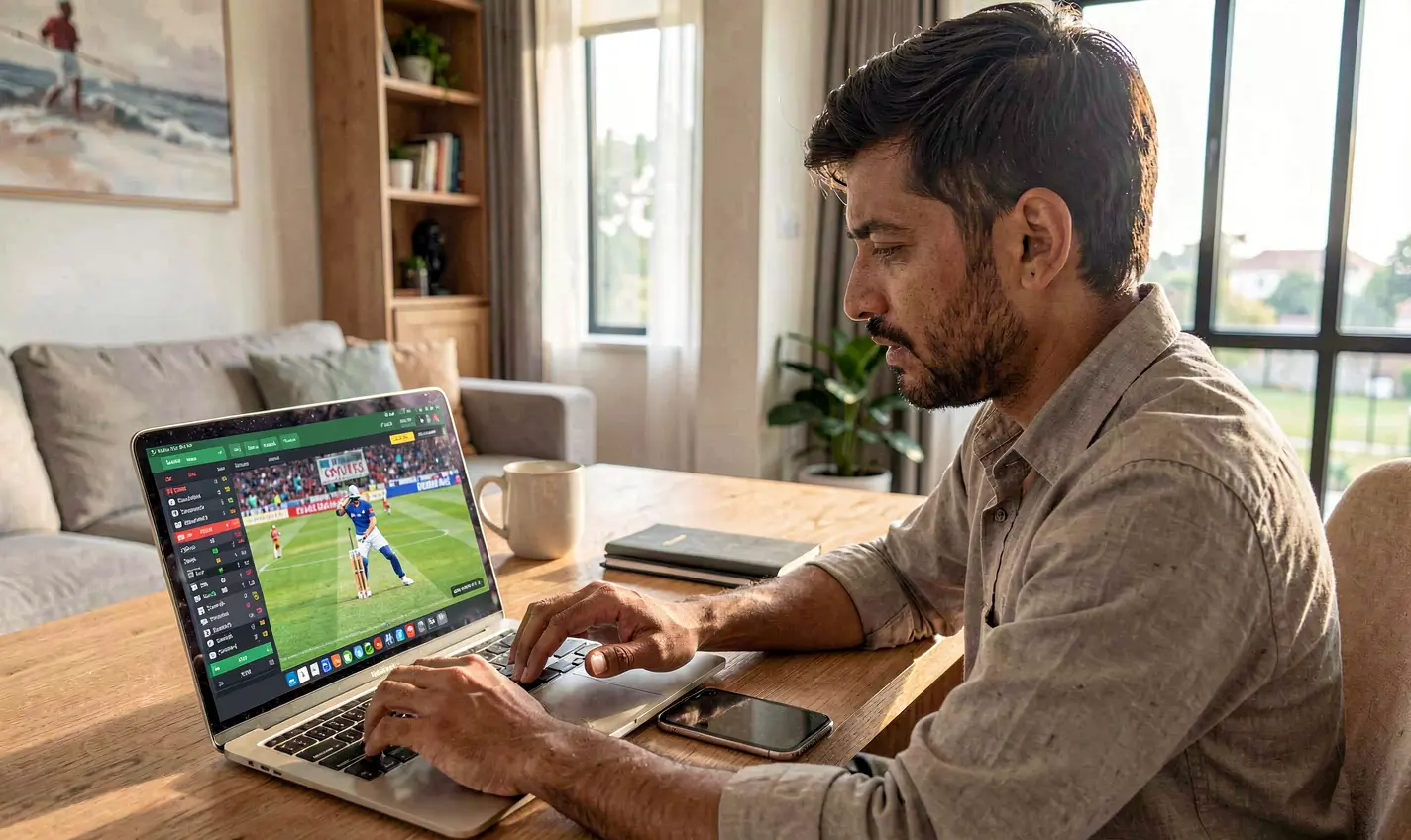 JYJILL Bet – Place smart live sports bets with real time odds in Bangladesh Focused Bangladeshi sports bettor analyzing live cricket odds and statistics on a laptop using the JYJILL betting platform at home