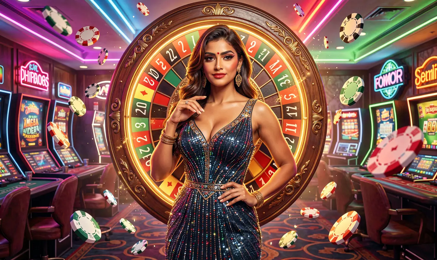 JYJILL – Unlock premium casino bonuses and thrilling games in Bangladesh A glamorous casino woman standing in front of a glowing roulette wheel with flying chips symbolizing premium gaming excitement and big bonus potential at JYJILL Casino in Bangladesh