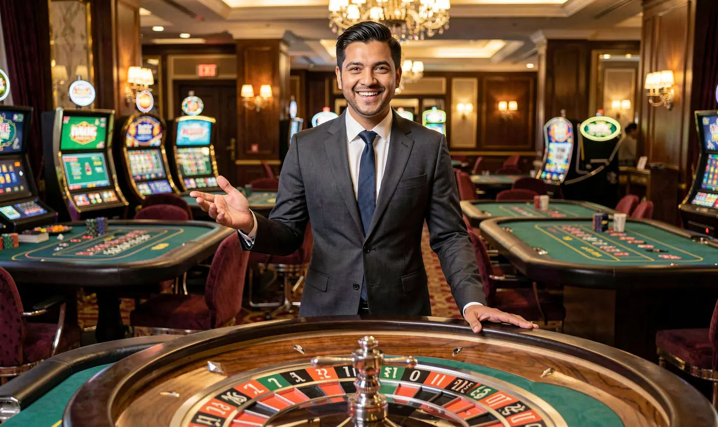 JYJILL – Experience premium live casino tables made for Bangladeshi players Elegant live casino dealer at a roulette table surrounded by luxury decor, inviting players to join live games at JYJILL in Bangladesh