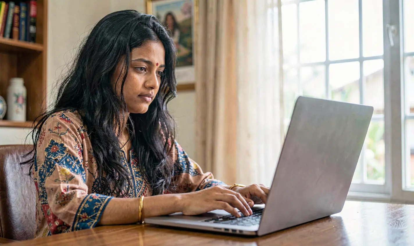 JYJILL Games – Enjoy smooth and immersive online gameplay anytime in Bangladesh Focused Bangladeshi woman playing high quality online games on a laptop with smooth graphics and immersive gameplay using the JYJILL platform