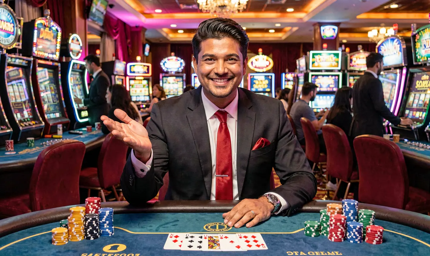 JYJILL Login – Secure and fast sign in for online gaming in Bangladesh Elegant Bangladeshi casino dealer inviting players to sign in at a vibrant gaming table with cards and chips on the JYJILL platform