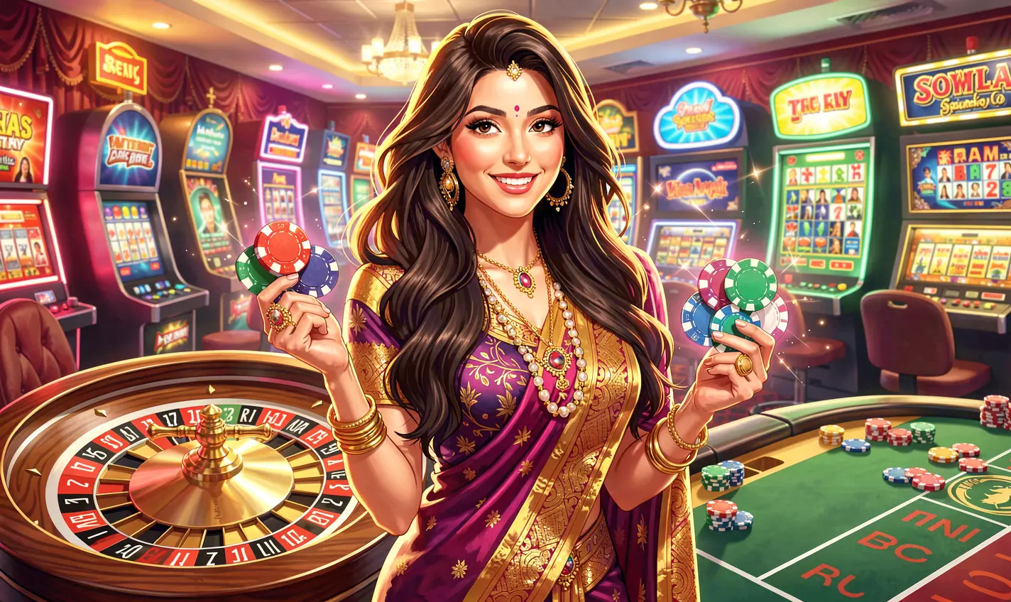 JYJILL – Step into a world of premium online casino entertainment in Bangladesh Elegant female casino dealer with long hair and stacked chips in front of a glowing roulette wheel representing the premium online casino experience at JYJILL for players in Bangladesh