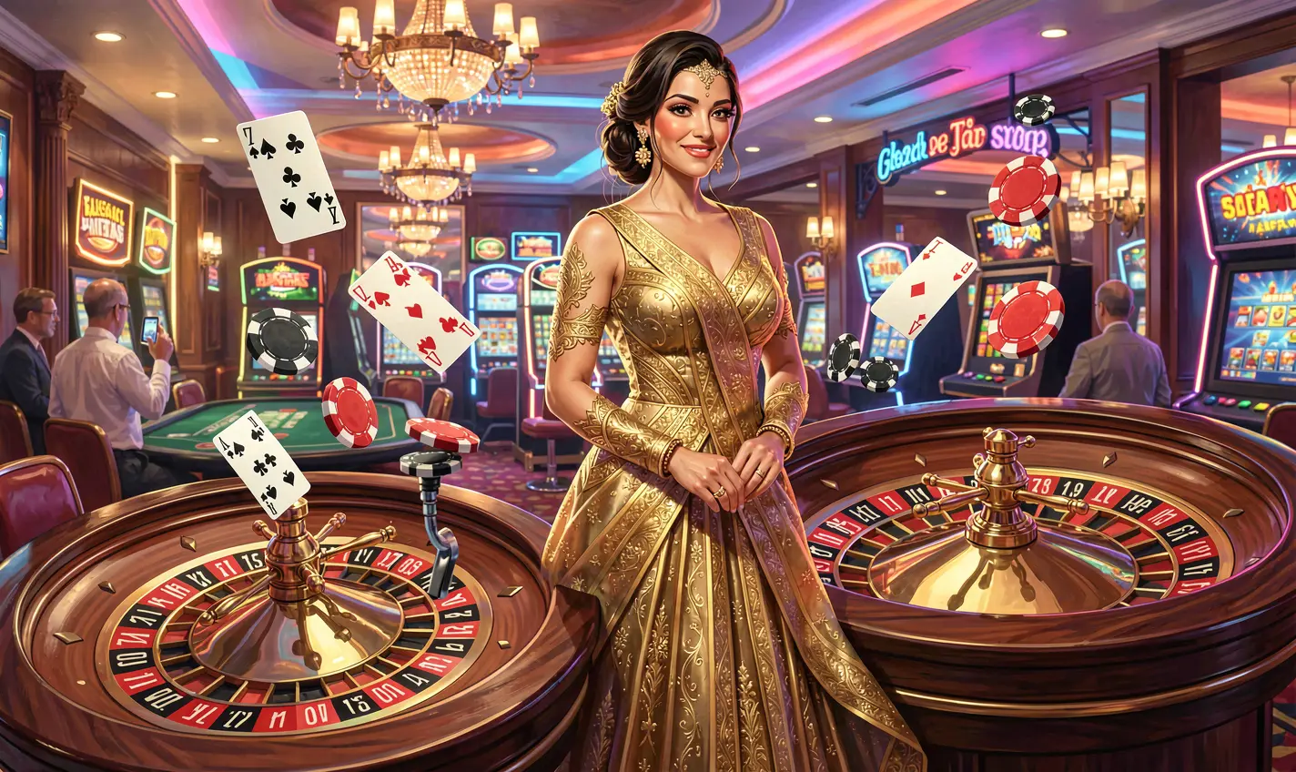 JYJILL – Discover premium roulette and casino games in Bangladesh Luxury casino scene with a glamorous woman in a golden dress near a roulette wheel and flying chips at JYJILL casino, showcasing premium gaming excitement for players in Bangladesh