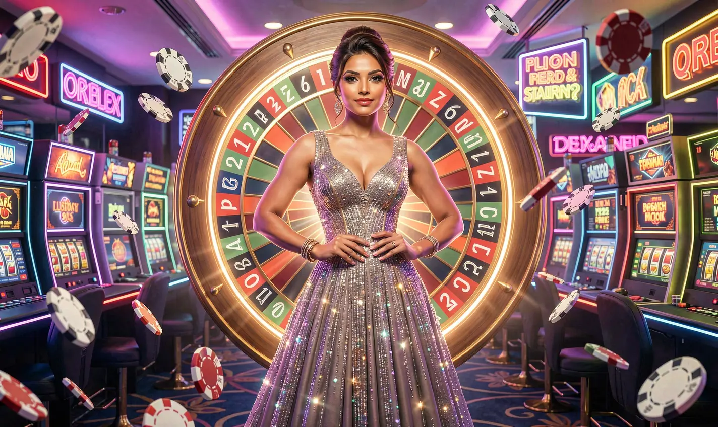 JYJILL – Step into an exciting world of roulette and casino games in Bangladesh Stylish casino inspired portrait of a confident woman in a sparkling dress before a bright roulette wheel symbolizing high energy gaming at JYJILL Bangladesh