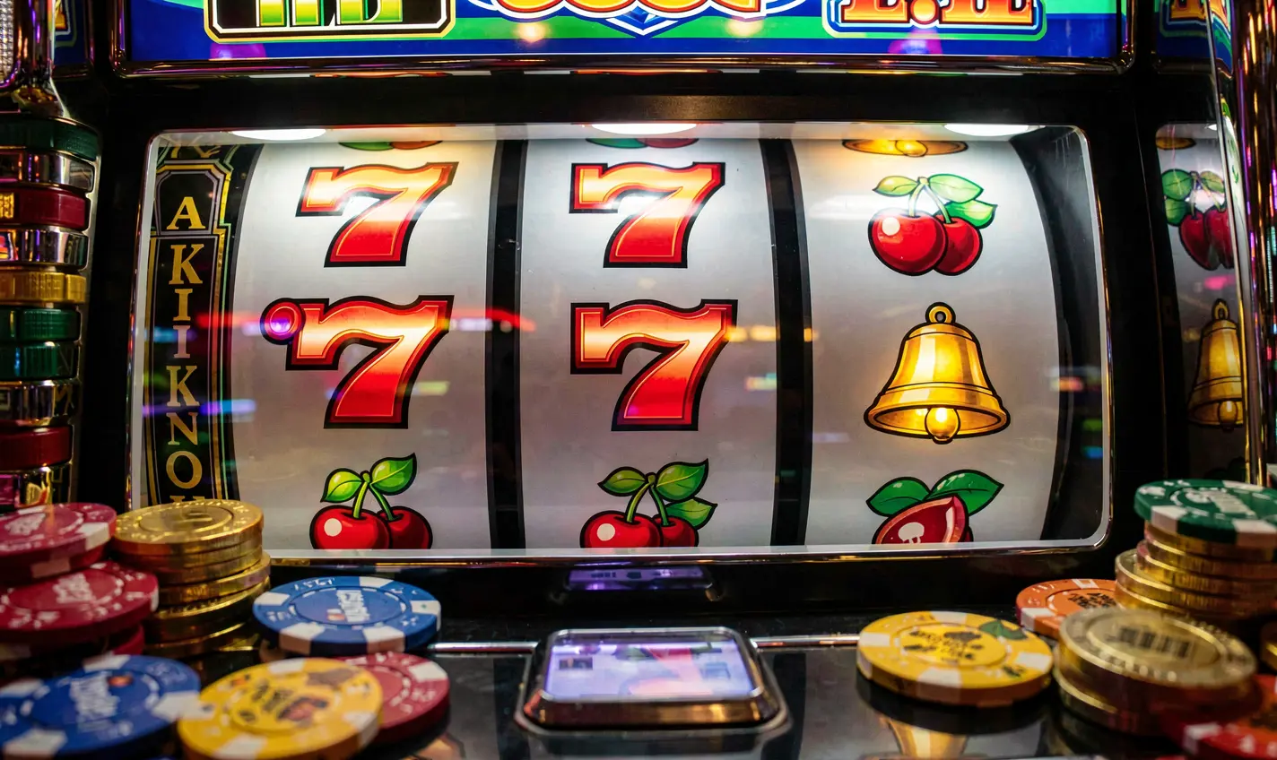 JYJILL – Spin premium online slots and chase big wins in Bangladesh Close-up view of a modern slot machine with illuminated reels showing lucky sevens and casino chips highlighting the premium slot experience at JYJILL for players in Bangladesh